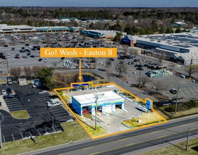 Aerial view of the GO! Wash Easton II location showing the building and surrounding area
